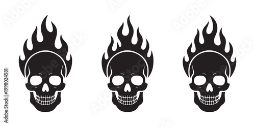 Three Flaming Skulls Vector Illustration Set