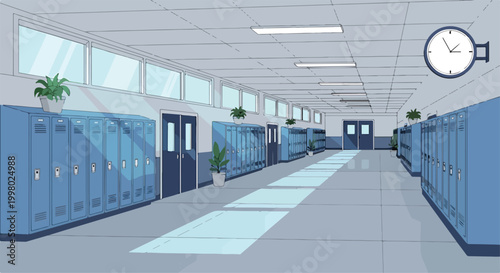 A school hallway with blue lockers and potted plants
