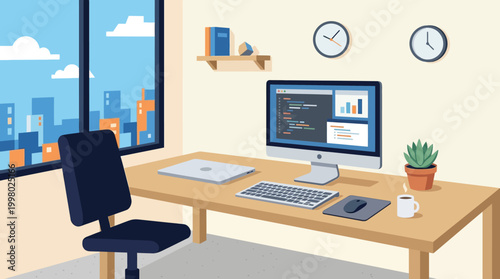 Modern home office workspace with computer.