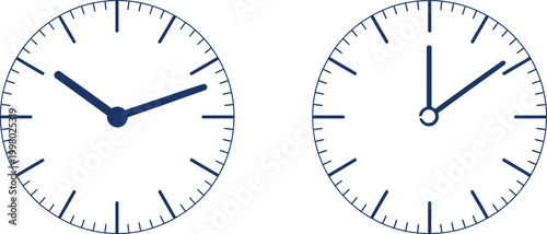Two dark blue analog clocks on white background time
