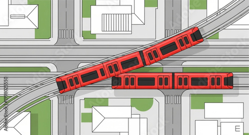 Modern Red Train Crossing Over City Intersection Aerial View.