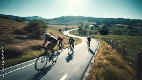 Peloton Cycling Motion Blur French Countryside, Sun-Drenched Race Dynamic Streak. Vibrant Cyclists Speeding Rural Road, European Bike Event Action Blu