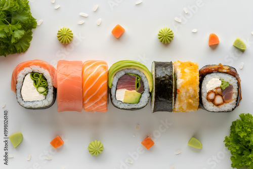 Assorted sushi rolls with salmon avocado tuna and cream cheese on white background