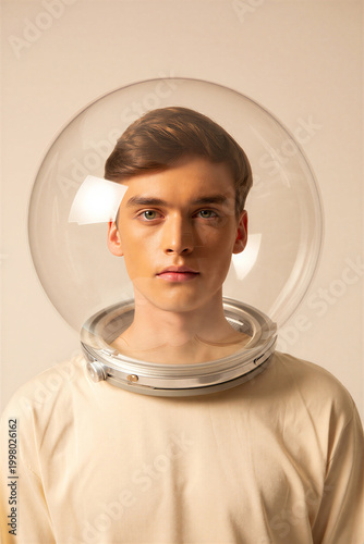 A serious young man wearing a clear astronaut helmet gazes directly forward, creating a contemplative and futuristic portrait in a studio setting.