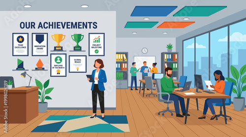 Office interior with achievements and employees.