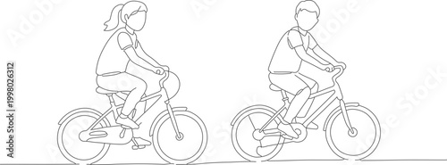 Minimalist Line Drawing of Two Children Riding Bicycles Side by Side Outdoor Activity