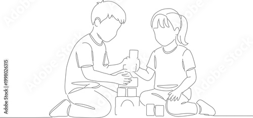 Continuous Line Drawing of Two Children Playing Together Building Blocks in a Playful Manner