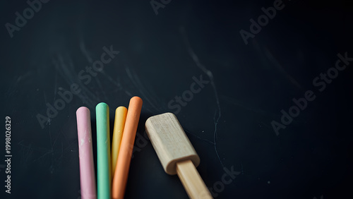 Colorful chalk sticks, wooden eraser, clean blackboard, Professional Stock Photo, High Resolution Background