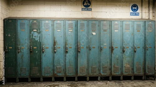 Old school lockers in a hallway, vintage storage cabinets.