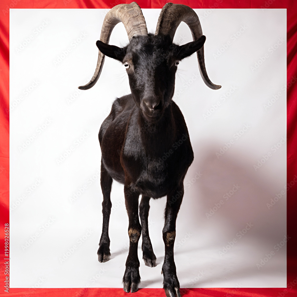 Fototapeta premium a black goat on a white background with a red board