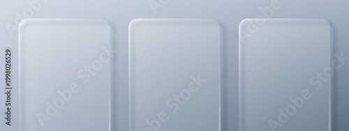 Three translucent glass plates with frosted effect on abstract background. Liquid glass morphism vector. Modern ui layout design element for website interface and digital presentation.