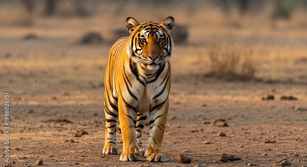 Fototapeta premium Majestic Bengal Tiger Walking in Arid Landscape.