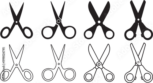 Black scissors silhouette and line art set, flat cutting tool icon collection, minimalist symbol, perfect for salon, craft, fashion, and stationery design.