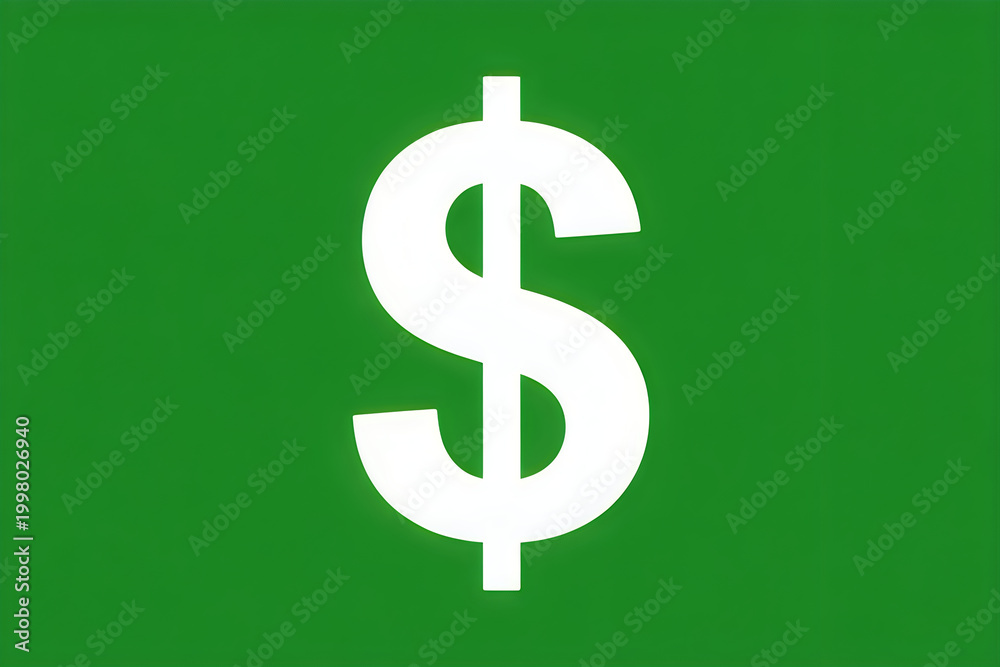 Obraz premium Large white dollar sign symbol centered on a solid flat green background