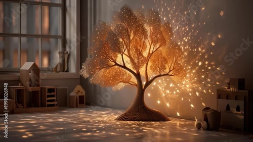 A glowing, intricately designed tree sculpture emitting warm light inside a cozy room with wooden toys.