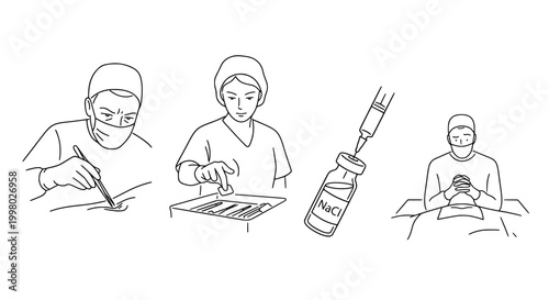 Tense Surgery Moment Line Art – Emotional Medical Illustration of Stress During Operation