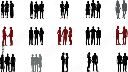 Diverse group of silhouettes people interacting in various configurations
