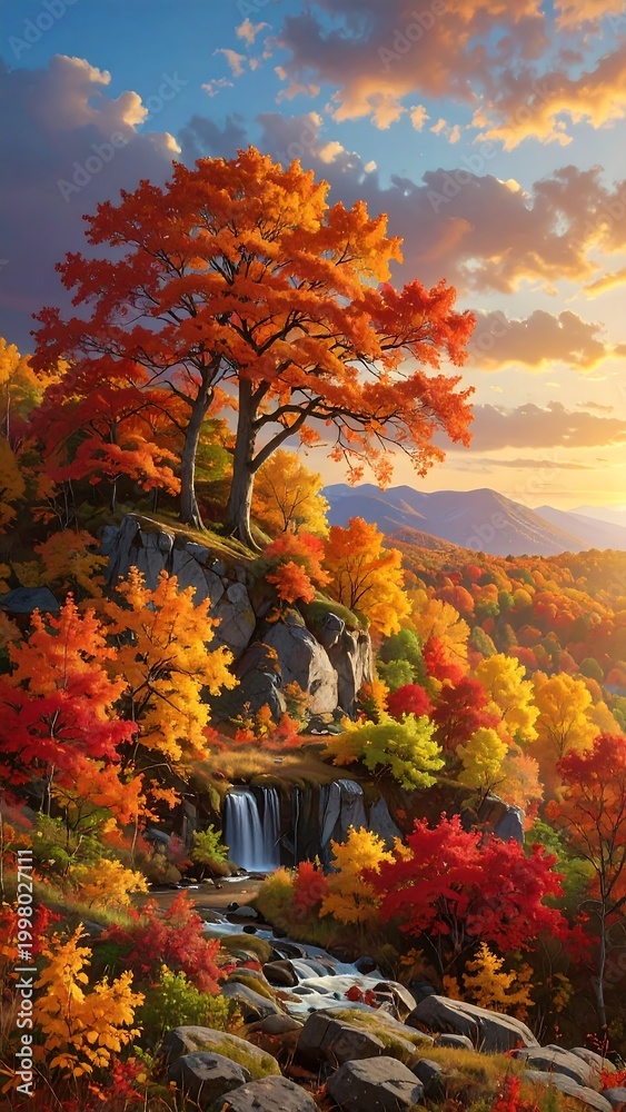 Obraz premium Vibrant autumn landscape with a tree on a rocky hill