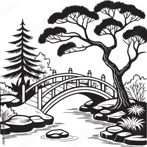 Canvas Print minimalist japanese garden bridge landscape
