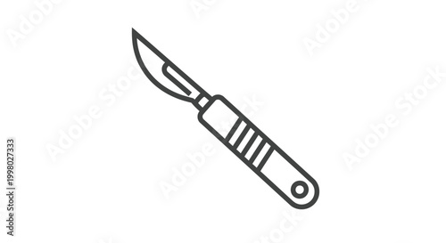A simple black and white line drawing depicts a surgical scalpel angled diagonally on a white background