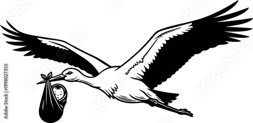 Stork carrying a baby in a bundle a classic symbol of new life