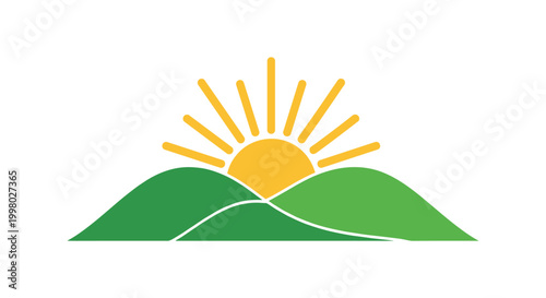 Minimalist graphic icon of a bright yellow sun rising behind two rounded green hills against a clean white background for a simple logo.