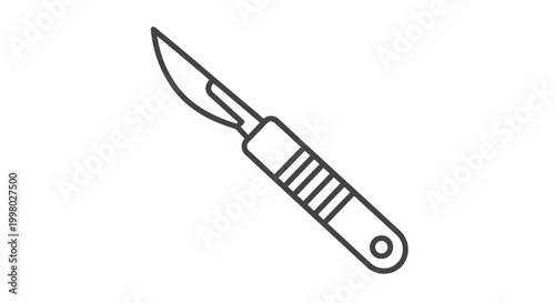 A simple black and white line drawing depicts a scalpel a surgical instrument with a sharp blade and handle