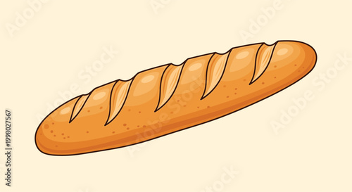 Freshly baked golden brown baguette loaf of French bread isolated on a light cream background for food blogs or bakery menu designs.