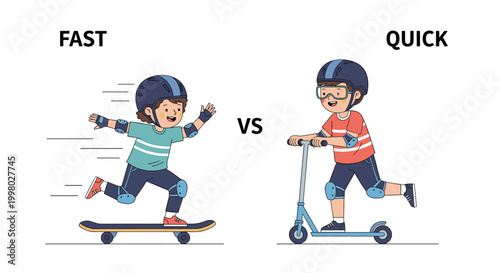 Educational comparison of vocabulary words fast and quick illustrated by a boy on a skateboard and another boy riding a blue scooter.
