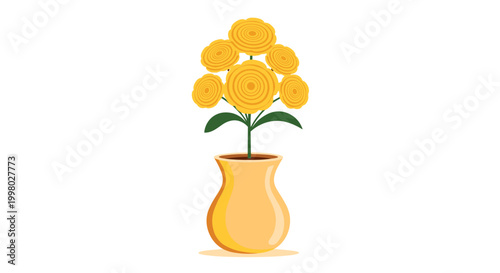 Simple illustration of a bouquet of round yellow flowers with green leaves in a matching yellow ceramic vase isolated on a white background.