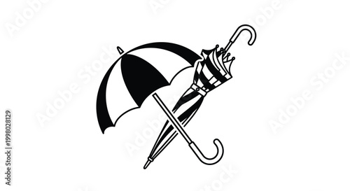 Graphic illustration of two black and white striped umbrellas with one being fully open and the other neatly closed for rainy weather.