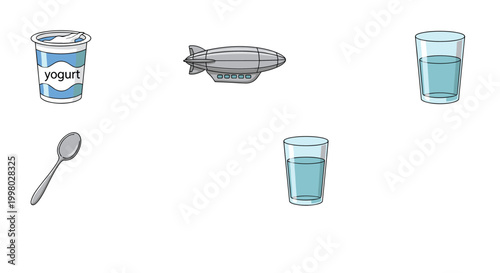 Collection of random objects including a yogurt cup, a dirigible airship, a metal spoon, and two glasses filled with fresh drinking water.