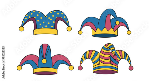 Selection of four colorful jester hats featuring various patterns like polka dots and stripes designed for circus or carnival performers.