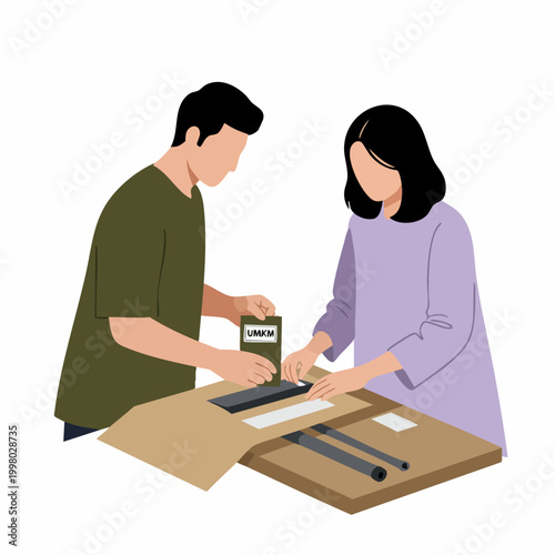 Flat Design Couple Assembling Furniture From a Cardboard Box Packaging Instructions