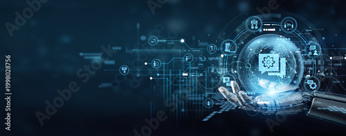 Fotografie Robot hand expertly hold IT CONSULTING strategies to lead global digital shifts