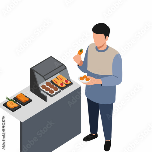 Flat Isometric Man Choosing Food From Buffet Display Case Table