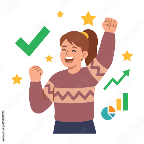 Woman celebrates success with raised arms and joyful expression surrounded by stars