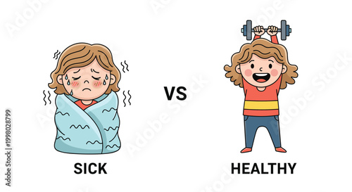 Comparison of human health showing a sick person shivering under a blanket versus a healthy person energetically lifting a barbell.