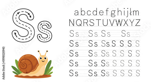 Educational handwriting worksheet for kids to practice tracing and writing the letter S in both uppercase and lowercase.