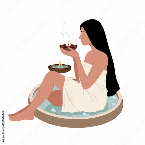 Serene Woman Enjoying Aromatic Candle Lit Spa Bath Treatment Relaxation