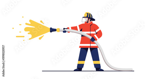 Courageous firefighter in full protective gear using a powerful hose to spray water during a fire emergency situation.