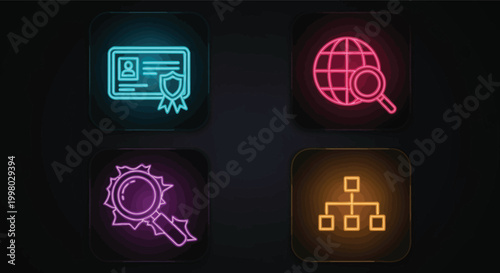 Neon icons representing identification global networking data searching and organizational structure high quality professional detailed