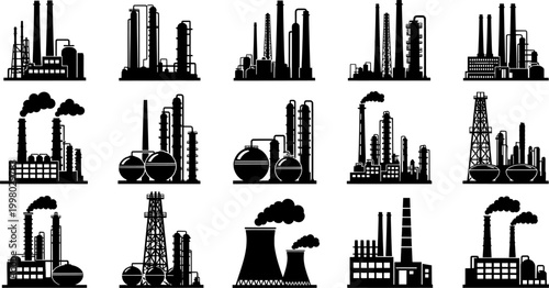 Factory, power plant industrial icons. Factory, power plant, oil refinery and oil processing plant industrial icon. Transparent EPS version.
