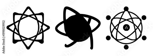 Quantum computing qubit atom icon set with solid black icon style featuring quantum, atom, qubit with vector illustration and design