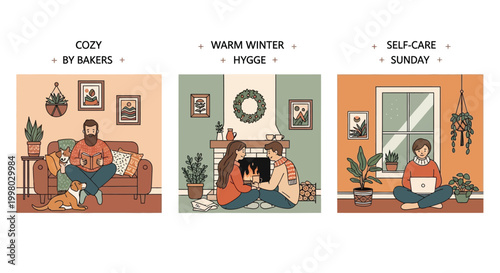 A triptych illustration depicts cozy indoor scenes with people pets and warm inviting atmospheres