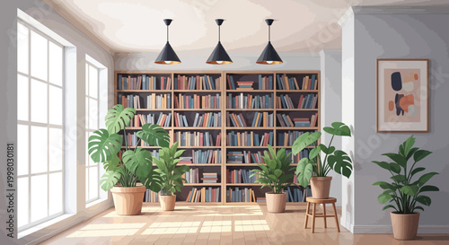 A bright modern living room features a large bookcase filled with books and lush green plants