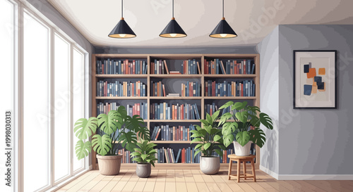 A bright modern living room features a full bookshelf large plants and natural light