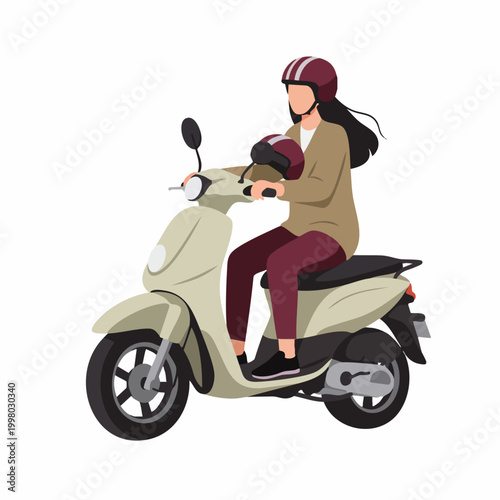 Flat Illustration of a Young Woman Riding a Scooter with Helmet in City Environment