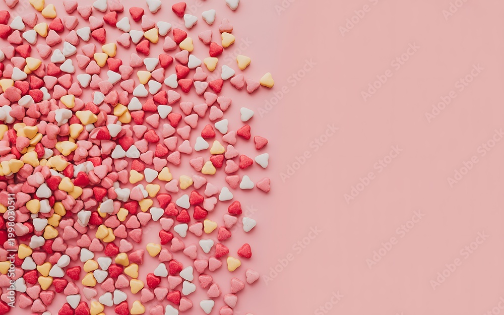 Obraz premium Colorful heartshaped sprinkles on pink background for valentines day or sweet treats
