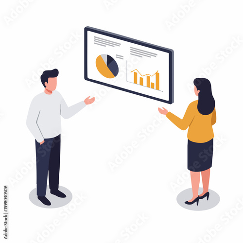 Isometric Modern Business Team Meeting Discussing Financial Growth Charts on Digital Display